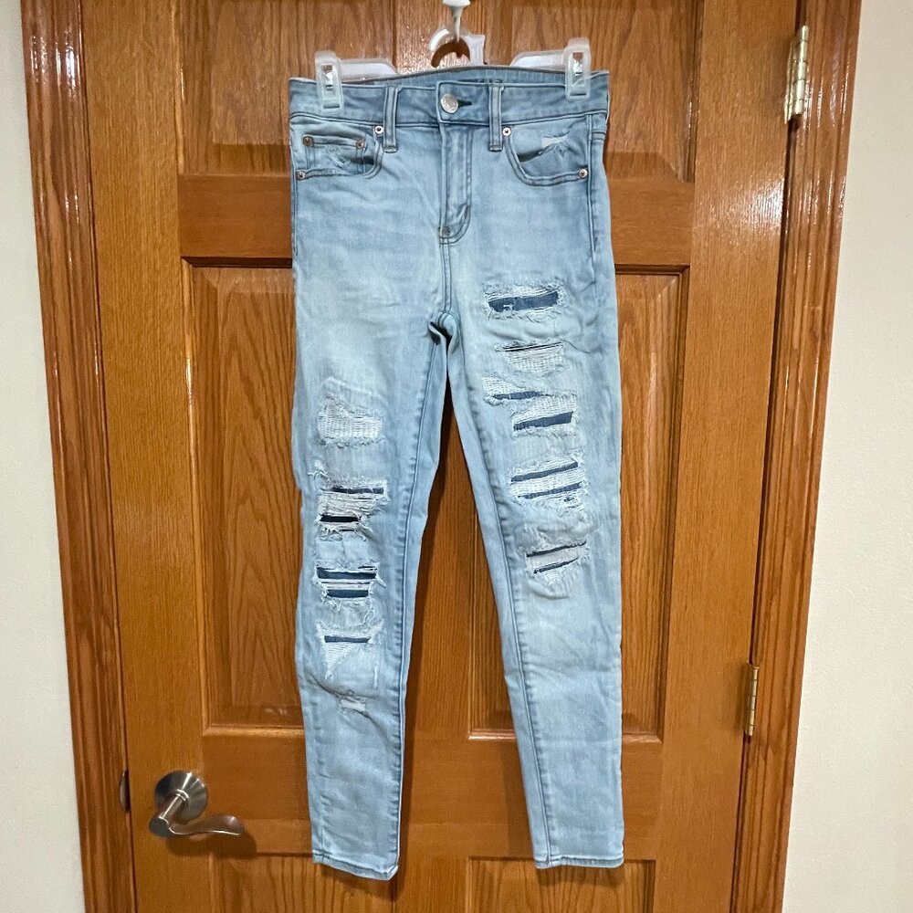 AMERICAN EAGLE Women's 4 R Light Blue Distressed Denim Jean Hi-Rise Jegging EUC